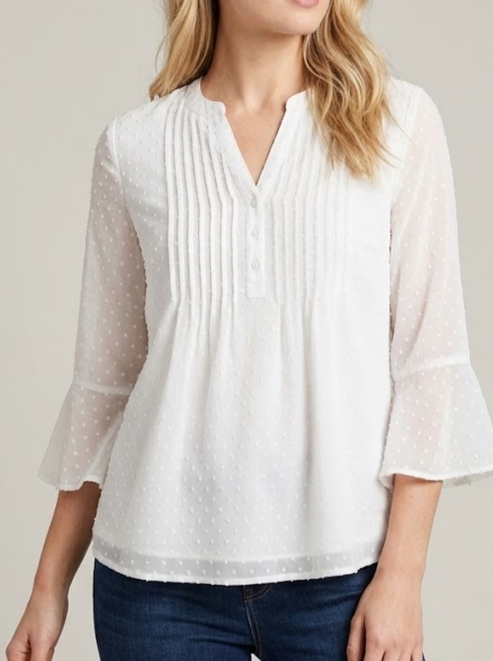 Style & Co White Swiss Dot Blouse Top L Pintuck Chiffon 34 Flared Sleeve V Neck